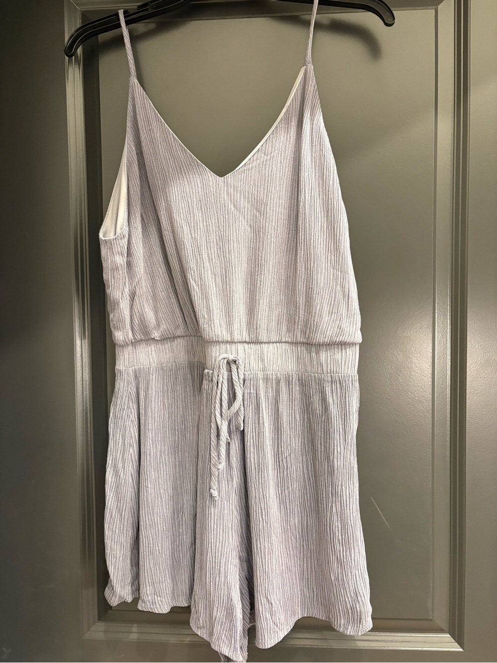 Millibon Light Gray Textured Spaghetti-Strap Romper with Drawstring